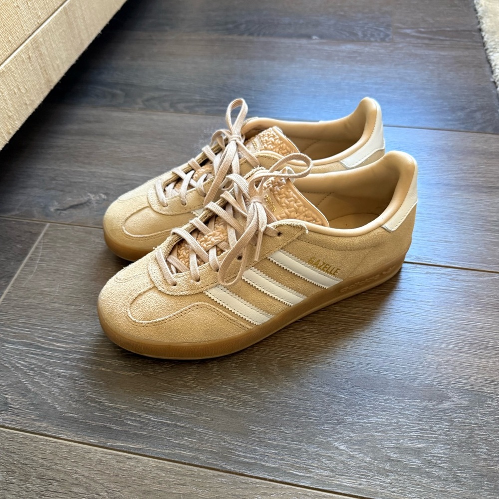 adidas Beige Gazelle Suede Sneaker with White Stripes - Picture 2 of 6